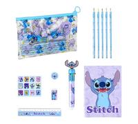 Disney Stitch Coffret de Papeterie, Comprenant 5 Crayons de Couleur, Une Règle, Un Stylo de Couleur, Des Autocollants, Une Gomme, Un Taille-Crayon, Un Carnet et Une Trousse, Coffret Cadeau Pour Filles