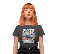 Disney Stitch “Cute Trouble” Women’s T-Shirt - Vintage Graphic Tee with Playful Alien Face & Bold Text - Retro Hibiscus Style with Tropical Attitude