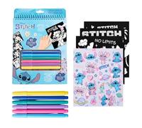 Disney Stitch Ensemble de Papeterie pour Filles, Comprenant Cahier, 10 Feuilles de Coloriage en Velours, 6 Feutres et des Autocollants, Cadeau pour Enfants