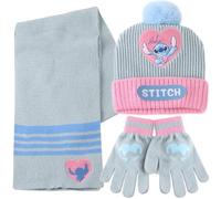 Disney Stitch Ensemble Hiver Enfant 3 Pièces - Bonnet avec Pompon, Écharpe et Gants en Maille Douce et Chaude - Accessoires d'Hiver Fille - Idéal École, Sorties et Cadeau