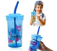Disney Stitch Gobelet à boire pour enfants de 4 ans avec paille et couvercle, gobelet réutilisable pour boissons froides de 460 ml avec paille et couvercle, 460 ml