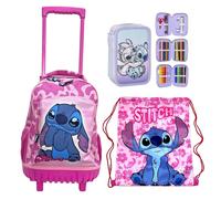 Disney Stitch Grand Trolley À Roulettes Avec Zip + Trousse + Sac De Sport École