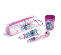 Disney Stitch Kids Set de brosses à dents avec capuchon de protection et poils souples, dentifrice saveur fraise et gobelet multifonction pour enfants de 3 ans et plus