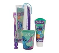 Disney Stitch Kids Set de brosses à dents avec capuchon de protection, ventouse et poils souples, dentifrice saveur menthe et gobelet multifonction pour enfants de 3 ans et plus