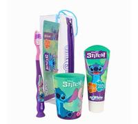 Disney Stitch Kids Set de brosses à dents avec capuchon de protection, ventouse et poils souples, dentifrice saveur menthe et gobelet multifonction pour enfants de 3 ans et plus