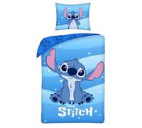 Disney STITCH - Parure de lit simple réversible 140 x 200 cm et taie d'oreiller 70 x 90 cm pour couette 1 personne, draps de lit enfant - Bleu - 100 % coton OEKO-TEX