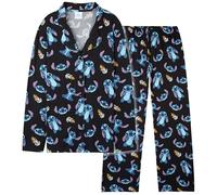 Disney Stitch Pyjama Femme Ensemble 2 Pièces avec Chemise à Boutons et Pantalon Long, Pyjama Hiver Chaud Confortable (S, Noir Stitch)