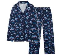 Disney Stitch Pyjama Femme Ensemble 2 Pièces avec Chemise à Boutons et Pantalon Long, Pyjama Hiver Chaud Confortable (L, Bleu Stitch)