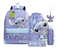 Disney Stitch Sac a Dos Fournitures Scolaires Lot 5 Pièces avec Sac de Natation Trousse Bouteille d'eau et Porte-clés Cadeau Enfant