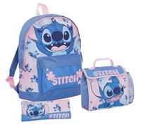 Disney Stitch Sac à dos + sac à déjeuner + trousse à crayons pour fille 3 pièces, bleu, Ensemble sac à dos
