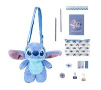 Disney Stitch Sac en peluche avec étui, lapi, taille-crayon, gomme, cahier, notes adhésives, règle, trombones et crayons de coloriage, cadeau ensemble de papeterie pour filles