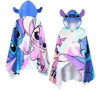 Disney Stitch Serviette de Bain Enfant Serviette de Plage à Capuche Ado Poncho Enfant pour Bain Plage ou Piscine Essentiel Voyage (Bleu/Multicolore Stitch, 6-14 Ans)