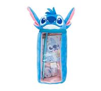 Disney Stitch - Trousse à crayons en peluche cylindrique avec tête 3D | Set de papeterie avec stylo, crayon, bloc-notes, gomme et taille-crayon, Bleu Stitch, trousse