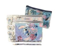 Disney Stitch - Trousse à Crayons et Papeterie pour Enfants - Pochette zippée en PVC Transparent, gommes, Crayon HB, Taille-Crayon, règle et Bloc-Notes