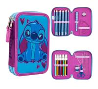Disney Trousse Scolaire Fille, Trousse Garnie Stitch Fille et Reine des Neiges, Fourniture Scolaire Stitch, Idée Cadeau (Stitch Bleu/Rose Double Zip)