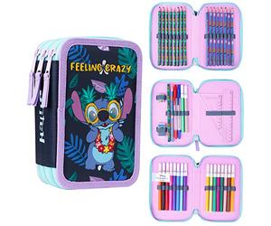 Disney Stitch Trousse Scolaire 2 Compartiments ou Trousse 3 Compartiments avec Fournitures Scolaires, Crayon de Couleur, Kit Papeterie, Cadeau Fille (Stitch Multi Triple Zip)