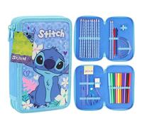 Disney Stitch Trousse Scolaire Fille Garnie de Fournitures Scolaires, Grande Trousse de Coloriage Frozen, Crayons de Couleur, Feutres, Idée Cadeau (Bleu Stitch 2 Compartiment)