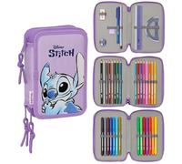Disney Stitch Violet Trousse 3 Zips Complète 37p Accessoirée Crayons Feutres
