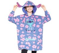Disney Sweats à Capuche Fille, Pull Plaid Enfant, Pull Stitch, Poncho Plaid Oversize en Polaire Enfant Ado Taille Unique (Bleu Stitch Fleurs)