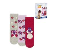 Disney Toy Story Lotso Lot de 3 paires de chaussettes mi-mollet pour fille | Motif rayé gris, rouge, violet et fleuri | À porter au quotidien | Chaussettes personnages | Produits