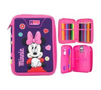 Disney Trousse à crayons à double étage remplie de papeterie pour enfants, Double fermeture éclair Minnie rose/violet, Moderne