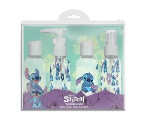 Disney - Trousse Avion Stitch Avec 4 Flacons 50ml - Spray, Clip, Pompe, Flip - Kit Voyage Avion Transparent Conforme Cabine - Plastique Résistant - Accessoire Officiel Lilo & Stitch