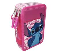 Disney Trousse multi-compartiments 3 fermetures éclair Stitch fleurs couleur rose complète 44 pièces