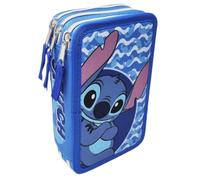 Disney Trousse multi-compartiments 3 fermetures éclair Stitch Ondes couleur bleue complète 44 pièces