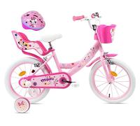 Disney Vélo 16'' Fille Licence Minnie de avec Casque Inclus - 2 Freins Caliper - Pneus Gonflables - Panier Avant - Porte-poupée arrière - Garde-Boue et 2 Stabilisateurs