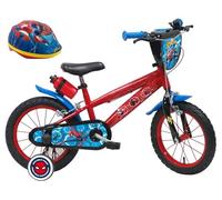 Disney Vélo Enfant Garçon 14'' Spiderman équipé de 2 Freins, pneus gonflables, Plaque Avant décorative et bidon arrière + Casque Spiderman Inclus !