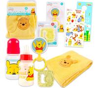 Disney Winnie l'ourson Coffret cadeau pour bébé - Ensemble de 6 pièces pour nouveau-né avec couverture, hochet, bouteille, anneau de dentition, autocollants de scrapbooking, plus | Cadeaux de fête