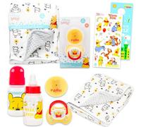 Disney Winnie l'ourson Coffret cadeau pour bébé - Ensemble de 6 pièces pour nouveau-né avec couverture, hochet, bouteille, anneau de dentition, autocollants de scrapbooking, plus | Cadeaux de fête