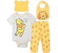 Disney Ensemble de layette Winnie l'ourson pour bébé garçon et fille : combinaison, pantalon, bavoir et chapeau, jaune, 6-9 mois