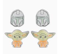 Disney's Star Wars The Mandalorian The Child & Boba Fett Green, Orange and Grey Enamel Silver Plated Twin Pack Earring Set SF00246SL