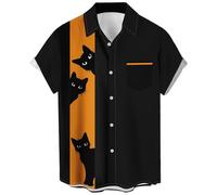 DISNIMOO Chemise de bowling à manches courtes boutonnée vintage hawaïenne décontractée pour homme - Chemise de plage d'été coupe régulière, motif chat noir, 3XL