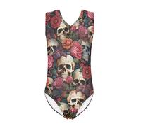 DISNIMOO Maillot de bain une pièce imprimé tendance pour filles, justaucorps de gymnastique pour enfants, 5-14 ans, Tête de mort rose., 9-10 ans