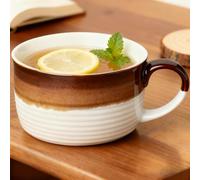 Disoza Jumbo Tasse à café en céramique de grande soupe blanche et marron 700 ml avec poignée