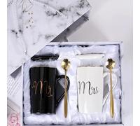 Disoza Mr et Mrs Tasses Cadeau 2 pcs Valentin Tasses Mariage pour les fiancés Tasses à café comme cadeau de mariage Cadeau d'anniversaire Cadeau de fiançailles Tasses noires & blanches Cadeaux de Noël