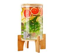 Dispensateur de boissons, distributeur de boissons en verre avec robinet de remplissage facile pour la bouche large pour les boissons glacées ou chaudes avec support en bois et 1 robinet de boissons