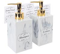 Dispenseurs de Luxe Fini Marbre - 500ml, Lot de 2 avec Pompes Dorées & Étiquettes Étanches - Idéal pour Comptoir, Douche, Rangement de Shampoing, Savon, Lotion - Blanc