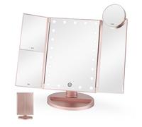 Display4top Miroir de courtoisie à trois volets avec 21 lumières LED, miroir de table grossissant 2x/3x/10x, miroir de maquillage éclairé avec luminosité réglable, contrôle tactile, double