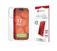 Displex Real Glass + coque de protection en verre véritable, compatible avec iPhone 17 Pro, cadre de montage écologique, résistant aux rayures (verre réel + étui)