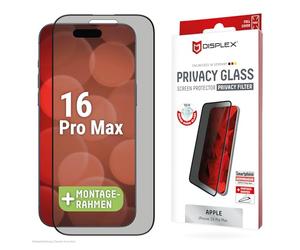 Displex Verre blindé Privacy Full Cover (10H) pour Apple iPhone 16 Pro Max, cadre de montage écologique, verre trempé, film de protection résistant aux rayures, compatible avec les coques, cadre de