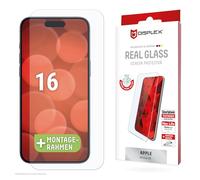 Displex Verre de protection 2D/transparent (10H) pour Apple iPhone 15/15 Pro/16, cadre de montage écologique, verre trempé, film de protection résistant aux rayures, compatible avec les coques (Real