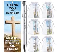 Dispowreath Lot de 48 pièces/24 ensembles de 24 stylos à bille « Welcome to Our Church » - 24 stylos à bille « Thank You for Joining Us » - 1 John 4 : 7 - Croix d'église - Brochure religieuse