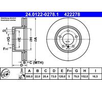 ATE Disque de frein 24.0122-0278.1 avant, ventilé, à haute teneur en carbone, 1 pièce