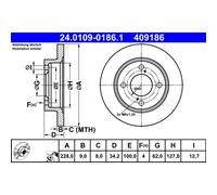 Disque de frein ATE 24.0109-0186.1 arrière, plein, 1 pièce