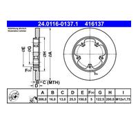 Disque de frein ATE 24.0116-0137.1 arrière, plein, 1 pièce