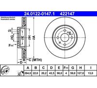 Disque de frein ATE 24.0122-0147.1 pour OE 4249 75 - 4249 76 - 46403088 - 46403