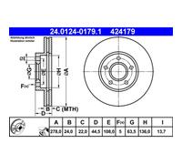 Disque de frein ATE 24.0124-0179.1 avant, ventilé, 1 pièce